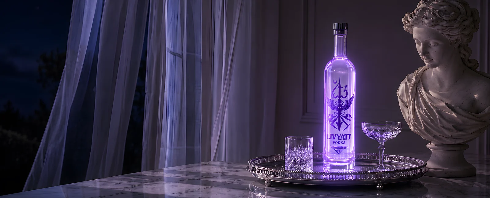 Livyatt vodka glowing violet on a silver tray beside a classical marble bust, in an estate interior after dark