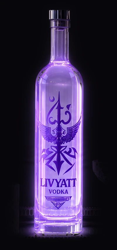 A bottle of Livyatt vodka, glowing violet