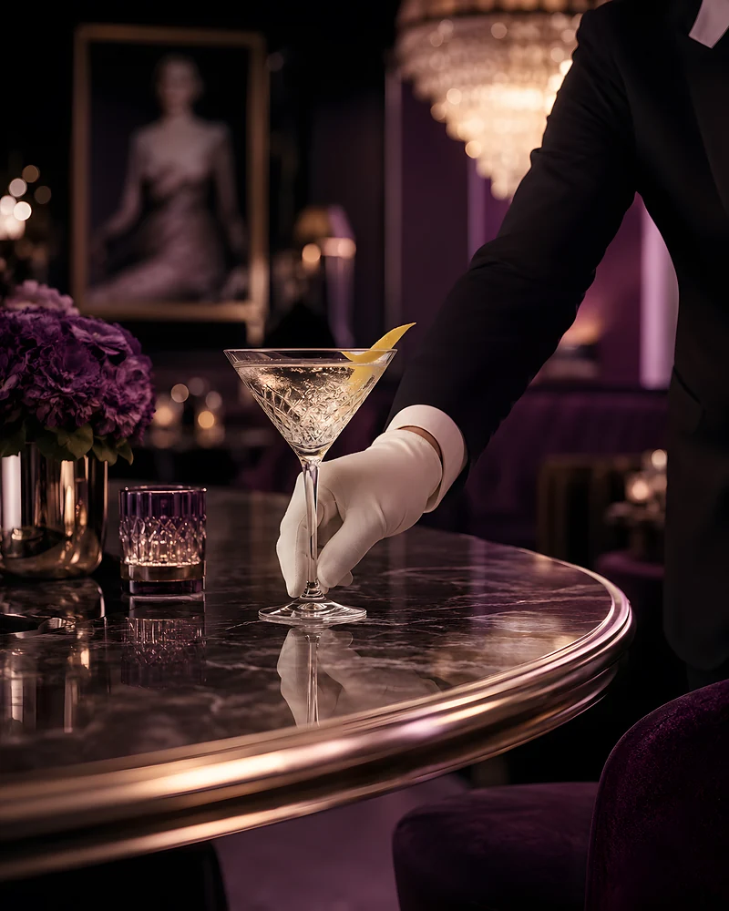 White-gloved service presenting a crystal cocktail in a refined plum-lit lounge