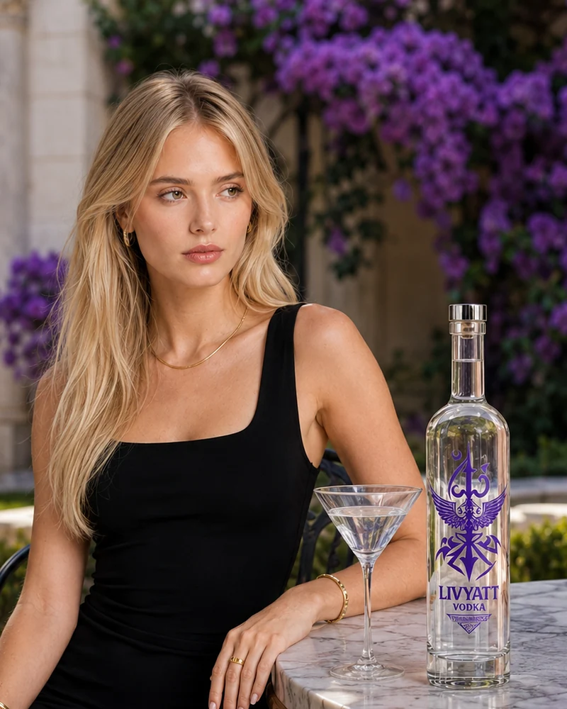 Woman seated beside a Livyatt vodka bottle and martini glass in a refined outdoor courtyard